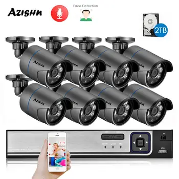 AZISHN H. 265+ 8CH 5MP POE Sikkerhed System NVR Kit Lyd IP-Kamera IR Udendørs IP66 Face Detection CCTV Videoovervågning NVR Sæt