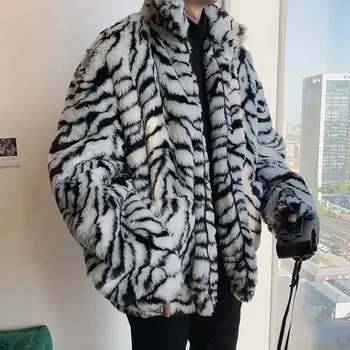 Vinteren Kvinder Mænd Faux Fur Tiger Mønster Pels Jakke Mandlige Mode Løs Varm Frakke Mandlige Streetwear Tykkere Overtøj Oversize