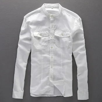 2019 Mærke Herre Casual Hvide Skjorter Hyggelig Sengelinned Af Bomuld Med Lange Ærmer Sociale Uniform Mandarin Collar Slim Fit Skjorte 2 Lommer