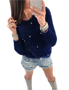 5XL Plus Size Bløde Sweater Kvinder Mode Sød Beaded ensfarvet langærmet Strik Toppe, Trøjer OverSize Vinter Trøjer
