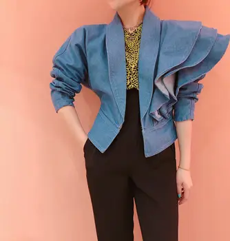 2020 efteråret koreanske v hals flæser blå denim kort denim jakker kvinder kvinder med lange ærmer frakker til kvinder