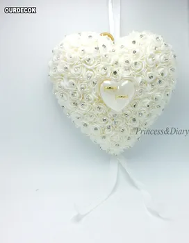 Bryllup Favoriserer Hænge Ring Pude Med Transprent Box Heart Design med Rhinestone Perle indretning Pude Dekoration