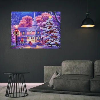 Vinterlandskab Billede 40 × 50cm LED Diamant Maleri med Max DIY Fuld Runde Diamont Maleri Lysende Gave Hjem Wall Decor