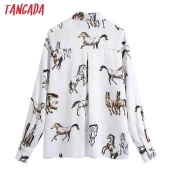 Tangada Kvinder dyreprint Hvide skjortebluser Vintage Lange Ærmer Kvindelige Casual Skjorter Blusas Smarte Toppe BE340