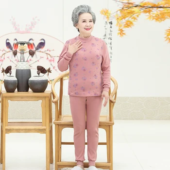 Ældre Kvinder Vinteren Termisk Undertøj Sæt Rød Beige Pink Blomst Bomuld Long Johns To-Delt Sæt, Kvinde, Mor, Bedstemor Intinates Mødre