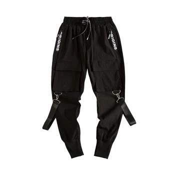 Streetwear overalls, bukser lomme mænds hip hop patchwork streamers mænds multi-lomme små fødder løs stråle lynlås overalls TOA