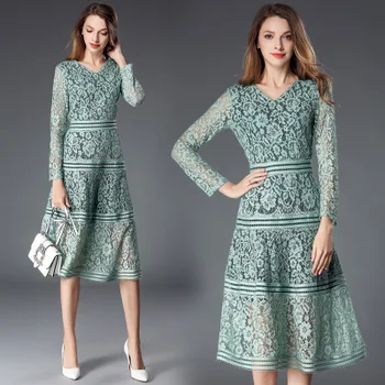 SMTHMA Høj kvalitet Runway Kjole efteråret og vinteren Hule ud langærmet Grøn kjole 2020 mode Elegante blonder Kjole vestidos