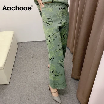 Aachoae Mode Blomster Patchwork Strikkede Bukser Kvinder Lang Længde Løs Bred Ben Bukser Med Høj Talje Boho-Stil Bukser Lady 2020
