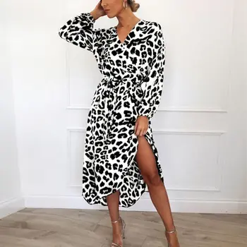 Leopard Kjole 2019 Kvinder Chiffon Long Beach Løs Kjole med Lange Ærmer, Dyb V-hals Sexet festkjole Vestidos de fiesta