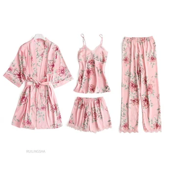 Kvinder Satin Nattøj Passer Spring Lace Trim Pyjamas Pyjamas Sæt Print Floral Nattøj Afslappet Hjem Bære Undertøj, Der Passer