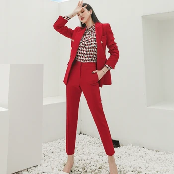 Mode Kontor Dame Bukser Passer Røde 2-delt Sæt Til Kvinder Dobbelt breasted Blazer & Blyant Bukser koreanske Virksomheder, der er Efterår