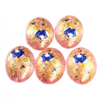 Fersken farve Japan Maleri Vintage Japansk Tegning Perler Ovale bunden af farve Blomst Mønster 20X29mm 5 Pc ' er /masse