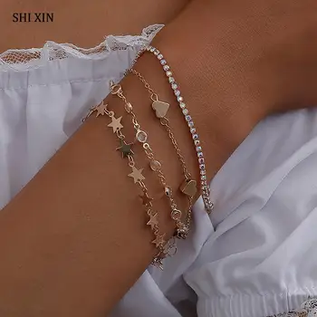 SHIXIN 4 Stk Stjernede Hjerte Krystal Armbånd til Kvinder, Piger Charms Armbånd Sæt Justerbare Hånd Kæde Armbånd Mode 2020 Smykker