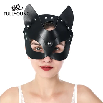 Fullyoung Sexet Læder Cosplay Black Mask SM Catwoman Carnival Part Læder Harness Bælte BDSM Kostume Dekoration Rekvisitter Gothic