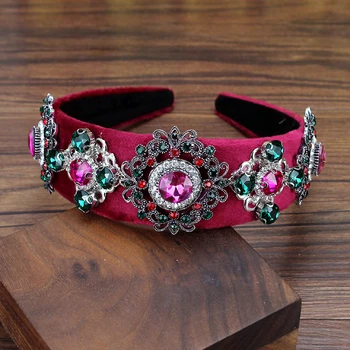 Unikke Vintage Barok Pink og Grøn Krystal Bredt Hårbånd Rhinestone Velvet Hovedbøjle For Kvinder Mode Hår Tilbehør