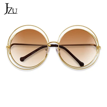 JZU Vintage Runde Big Size Oversized linse Spejl Solbriller Kvinder Brand Designer Metal Ramme Dame solbriller Dame Cool Retro