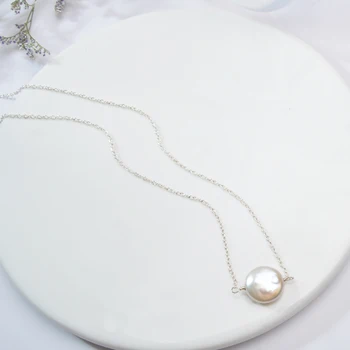 ASHIQI Naturlige ferskvands perle 925 Sterling Sølv Halskæde 12-13mm Knap form perle Smykker Til kvinder