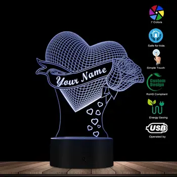 Kærlige Hjerte Med Rose Tilpas Navn 3D-Effekt Optisk Illusion bordlampe Brugerdefineret Navn LED Nat Lys Valentine Gave Til Hende