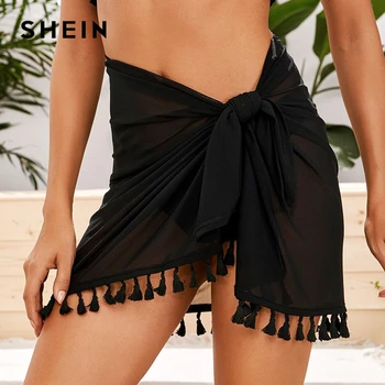SHEIN Black Tie Side Kvast Hem Mesh Sheer Cover Up Nederdel Sommeren Kvinder Stranden Boheme Ferie Sexet Mini Nederdele