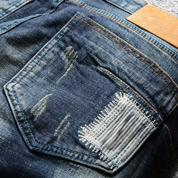 Italiensk Stil Og Mode Til Mænd, Jeans Af Høj Kvalitet Retro Sort / Blå Slim Fit Rippet Denim Bukser Patchwork Designer Vintage Bukser
