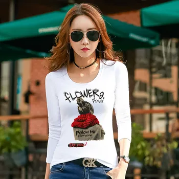 2019 T-Shirt til Kvinder med Lange Ærmer Diamanter Slank Afslappet O-hals Fashion T-Shirts Plus Size Bomuld Toppe Tee Blomster Breve Udskriv