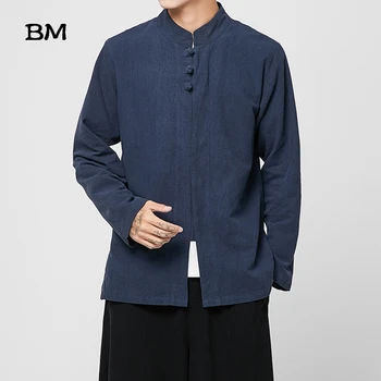 Kinesisk Stil Linned langærmet Skjorte 5XL Plus Size Kostume Mandlige 2020 Harajuku Modetøj Sort Enkel ensfarvet Mænd