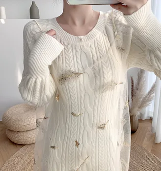 LUX ANGNER Efteråret 2020 Nye Kvindelige franske Luksus Temperament Sweater Kjole Hvid Lange ærmer Strikket Kjoler, To-piece suit