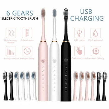 1 sæt Elektrisk Tandbørste USB-Genopladelig Vandtæt 6 Tilstande Voksen Hvid Sort tandbørster Med 4 Udskiftning Hoveder Gave