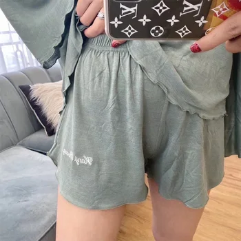 Kvinders pyjamas 4-delt sæt Løs cardigan hofteholder top shorts sexede bomuld Nattøj Sæt