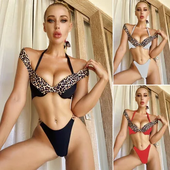 Hirigin Sexet Leopard Patchwork Kvinder Bikini Sæt Bandage Push Up Polstret Badetøj Sommeren Badedragt Badedragt 2021 Nye Badetøj
