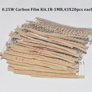860pcs Modstand Kit 0.25 W Watt 43values X 20pcs Resistencias Modstand Pack, Carbon Folie Modstand 1-1MOhm Ohm 1/4W Carbon Film