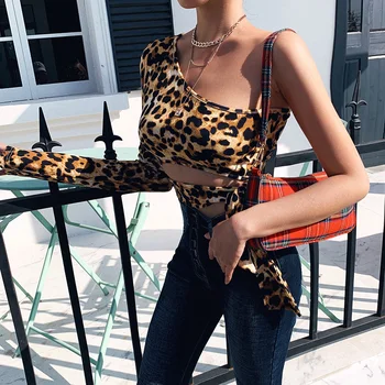 InstaHot Mode Leopard Ene Ærme Skulder Slim T-shirt Kvinder Sexet Afgrøde Top Hældning Halsudskæring Casul Top Efteråret Streetwear t-shirt