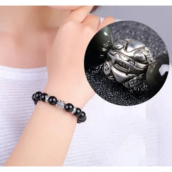 Naturlig Sort Obsidian Armbånd Til Kvinder Og Mænd Med Tibetansk Sølv Pixiu Lucky Charm Armbånd