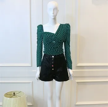 Efteråret Bluse Kvinder 2020 Falde med Lang Ærme Polka Dot Trykt Grønne Afgrøde Top Hule Ud Asymmetrisk Kort Blusa Femme Shirt