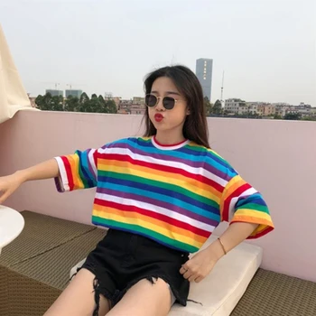 Kvinder Plus Size Halv Ærmer Harajuku T-Shirt Rainbow Kontrast Farvet Striber På Tværs Af Trykte Overdimensionerede Løs Pullover Top