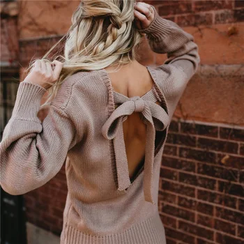 Efterår Og Vinter Kvinder Backless Pullovere Sweater 2019 Mode Løs Sexede Kvindelige Trøjer Strikket Casual Lanterne Ærme Jumper