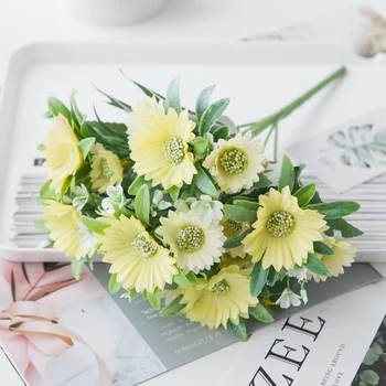 5 bundter Gul Solsikke Home Decor Tilbehør Bryllup dekorative vaser falske planter Jul Daisy Kunstige blomster