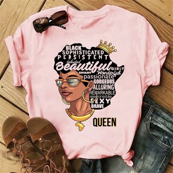Kvindelige Mode Afslappet Bomuld kortærmet Toppe Tee Sommeren Kvinder T-shirt jeg er En Stærk Melanin Dronning Breve Print Lyserød Skjorte