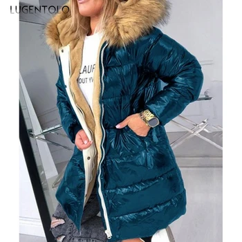 Vinteren Caot Kvinder Fortykkelse Mode Varm Fleece Slim Fast Lyse Lynlås Fur Hooded Dame Vinteren parkacoats Lugentolo