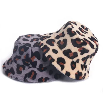Vinteren Ko Leopard Print Faux Pels, Plys Spand Hatte til Kvinder Udendørs Varm Hat Blød Velour Fisker Cap Dame Mode Panama
