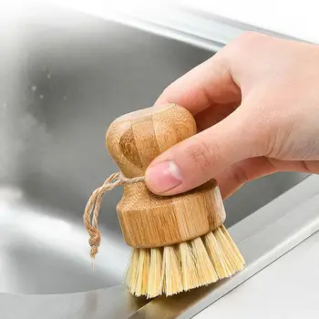 Opvask Børste Bambus Pot Børste Køkken Renere Palm Kort Håndtag Rundt Fad Børste