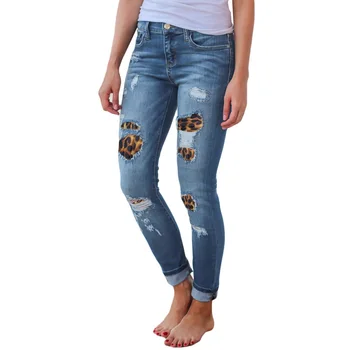 Kvinder Leopard Mode Patchwork Denim Jeans Slim Strække Tynde Jean Damer Afslappet Blyant Bukser S-XXL
