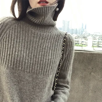 Ny Stil til Efteråret og Vinteren Cashmere Sweater Kvinder Rullekrave Løs Pullover Delt Polstret Base Sweater