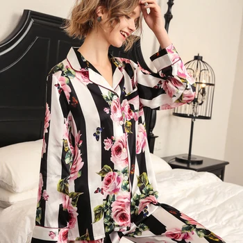 2020 Ny Real Silke Pyjamas Sæt Kvindelige Romantiske Rosa Stribet Avlen Silke langærmede To-Stykke SILKE kvindens Nattøj T8184