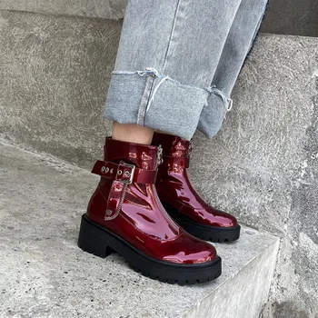 MLJUESE 2021 kvinder bløde ankel støvler-patent læder vinter kort plys lynlåse vin farve høje hæle kvinder ridestøvler