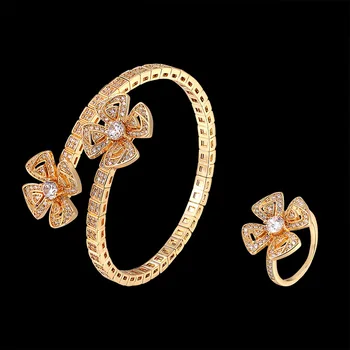 Fateam luxlry elastisk armbånd med ring smykker sæt planten blomst fuld zircon bane indstilling kvinde party mode smykker bedste gave