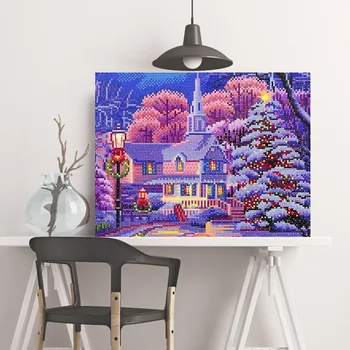 Vinterlandskab Billede 40 × 50cm LED Diamant Maleri med Max DIY Fuld Runde Diamont Maleri Lysende Gave Hjem Wall Decor