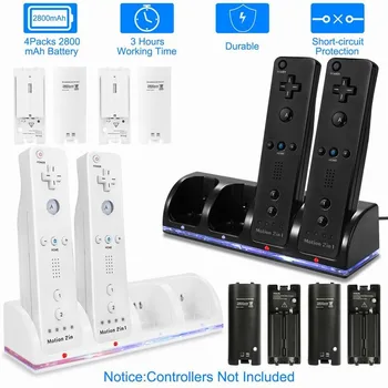 Nye Remote Controller Dual Oplader Dock Station + 2/4x 2800mAh Batteri Pack Til Nintendo Wii Gamepad Oplader Med LED Lys