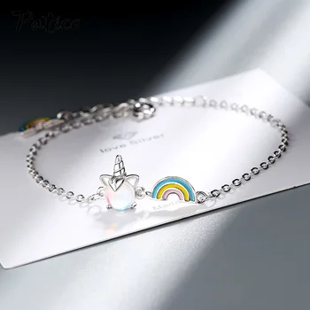 Kreative 925 Sterling Sølv Nyt Design Rainbow Unicorn Asymmetri Armbånd & Armbånd Til Kvinder Tendens Part Gaver Smykker