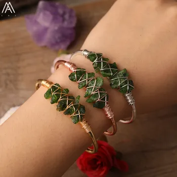 Wire Indpakket Krystal Chip Perler Skønhed Armbånd Naturlige Grønne Kvarts Punkt Perler Åbne Bangles For Kvinder Armbånd Smykker